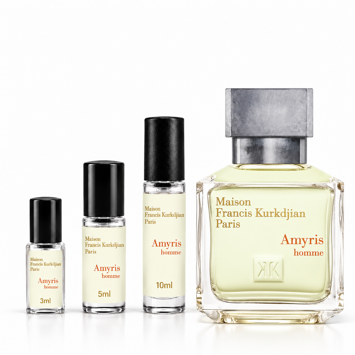 Maison Francis Kurkdjian Amyris Homme fragrance bottle with Casa Aura 3ml, 5ml, and 10ml perfume decants displayed on a clean white background.